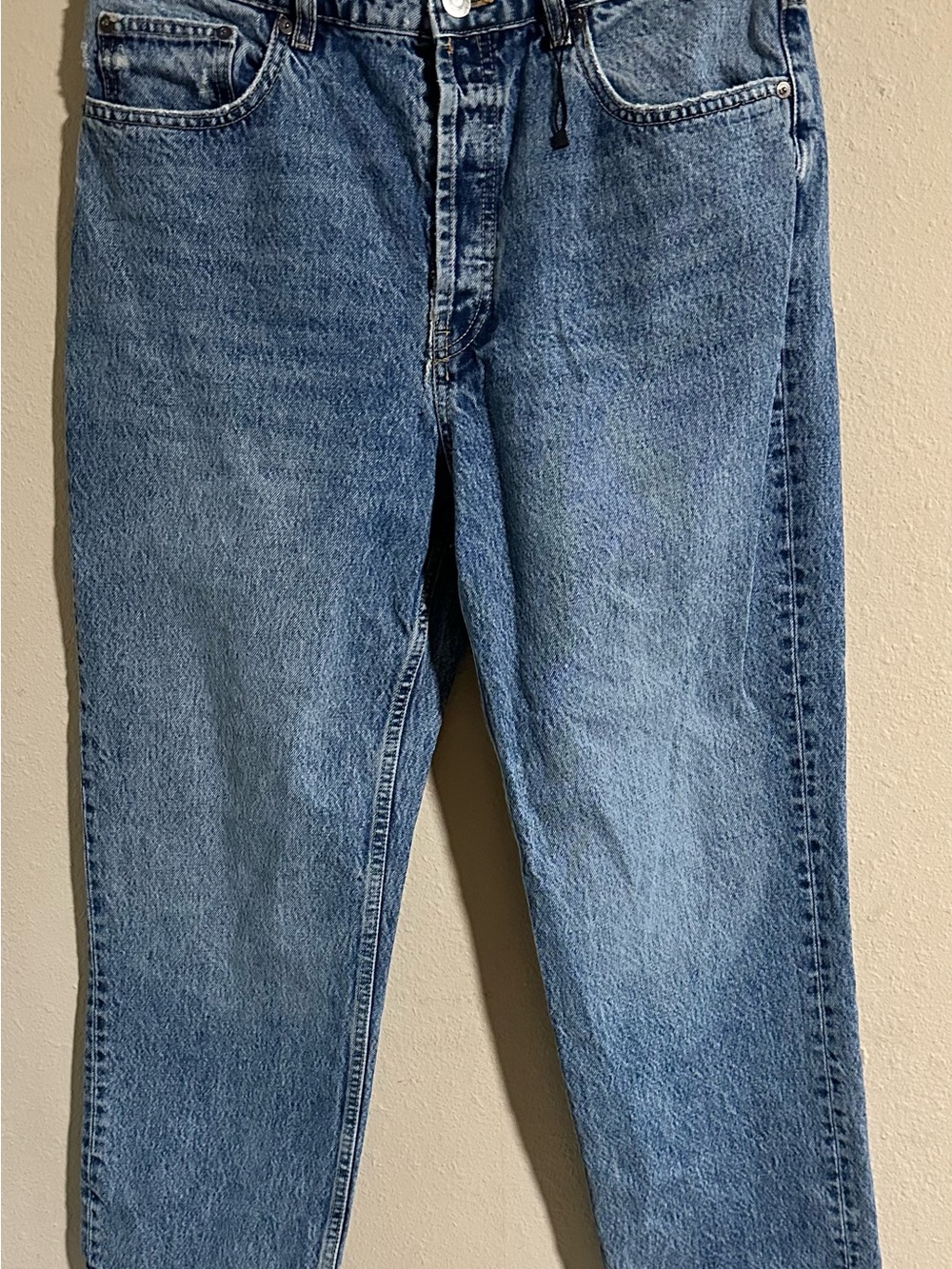 Zara Straight-Leg Jeans in Medium Blue Denim Button Fly Closure